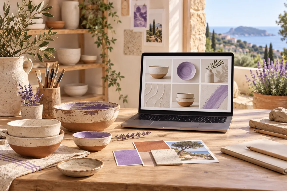 Catalogue illustratif de céramiques sur un ordinateur dans un atelier