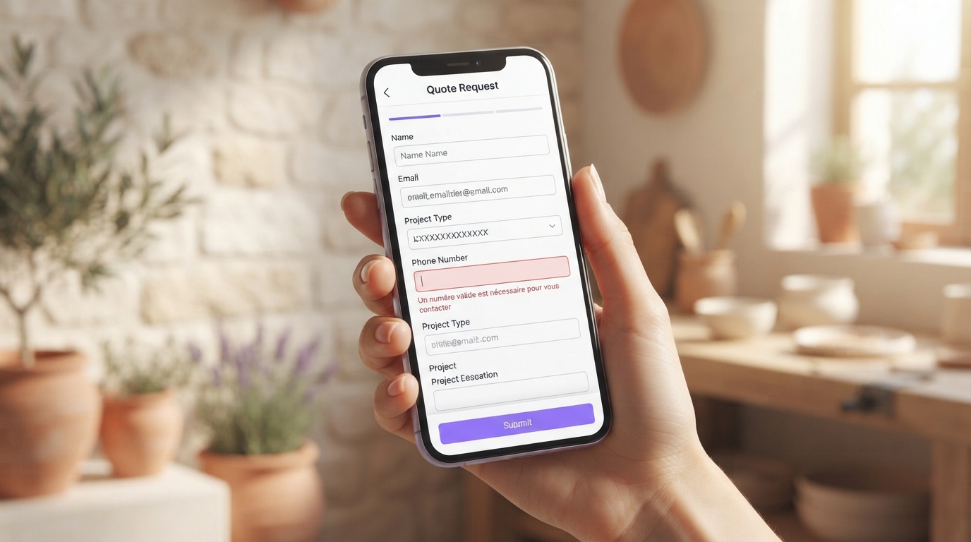 Smartphone affichant un formulaire de devis avec un message d'erreur placé sous le champ téléphone, les autres champs restant remplis